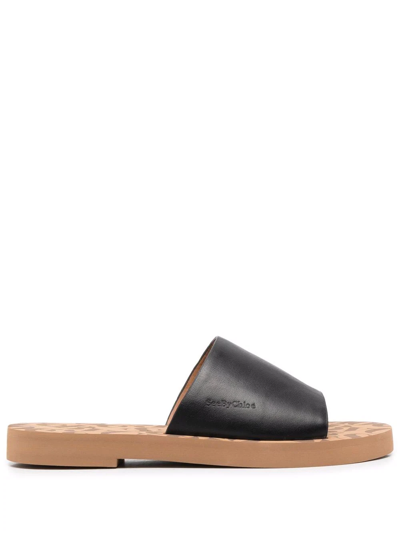 See By Chloé Embossed-logo Leather Slippers In Schwarz