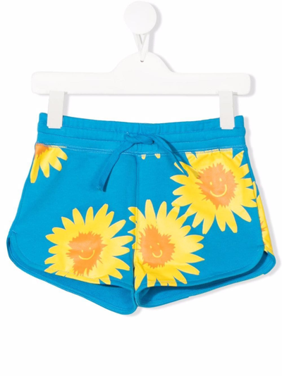 Stella Mccartney Kids' Sunflower Print Turquoise Sweat Shorts In Blue
