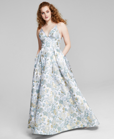 B Darlin Juniors' Jacquard Ball Gown, Created For Macy's In Wht/sag/gl |  ModeSens