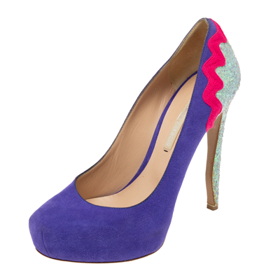 Pre-owned Nicholas Kirkwood Tricolor Suede And Glitters Platform Pumps Size 37 In Purple