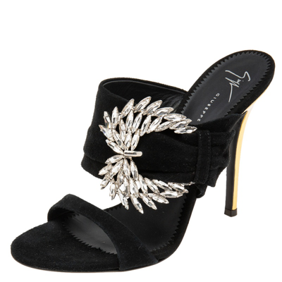 Pre-owned Giuseppe Zanotti Black Suede Crystal Embellished Wing Buckle Slide Sandals Size 37.5