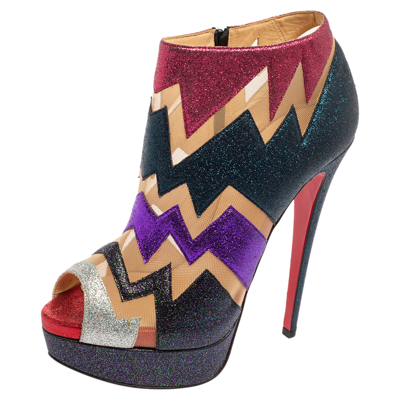 Pre-owned Christian Louboutin Mutlicolor Glitter Ziggy Peep Toe Booties Size 37 In Multicolor