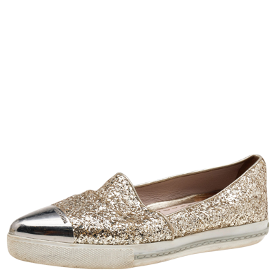 Pre-owned Miu Miu Gold Glitter And Metal Cap Toe Slip On Sneakers Size 35