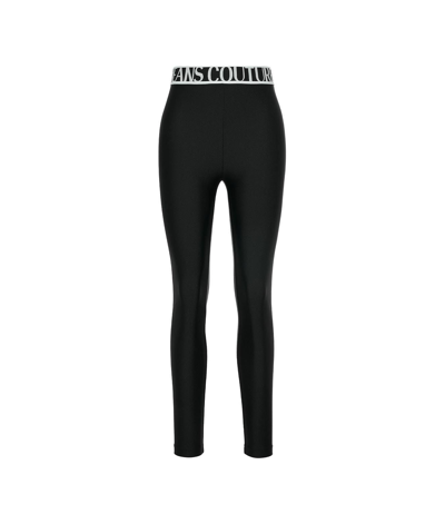 Versace Jeans Couture Plain Leggings With Logo Elastic Waist In Black