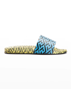 Versace Men's Greca Print Color Block Logo Slide Sandals In Pineappleblacksky