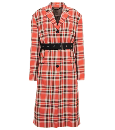Acne Studios Belted Wide Shoulder Chequered Long Coat In Red