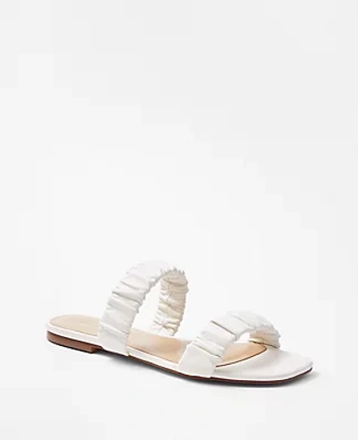 Ann Taylor Leather Ruched Flat Slide Sandals In Winter White