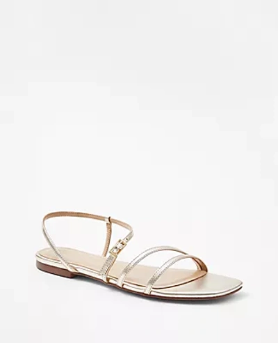 Ann Taylor Leather Strappy Flat Sandals In Metallic Champagne