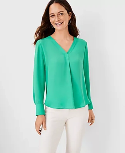 Ann Taylor Mixed Media Pleat Front Top In Bright Jade
