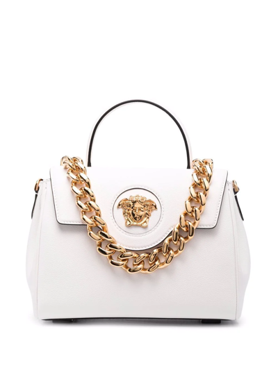 Versace La Medusa Leather Tote Bag In Weiss