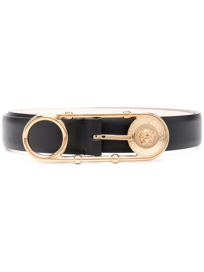 Versace Medusa Safety Pin Leather Belt In Nero