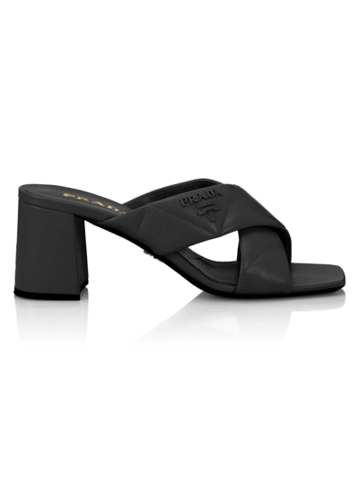 Prada Quilted Leather Crisscross Mules In Caramello
