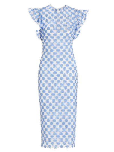 Shoshanna Rachel Embroidered Ruffle Midi Dress In Sky Blue Optic White