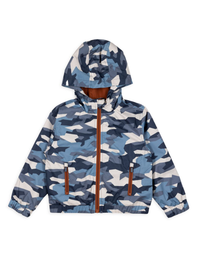 Miles The Label Kids' Boy's Abstract Camo-print Raincoat In Dusty Blue
