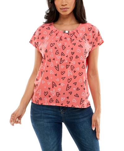 Adrienne Vittadini Women's Dolman Sleeve Top With Curved Bar In Hearts Of Joy Coral
