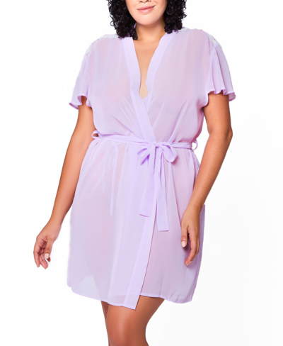 Icollection Ava Plus Size Sheer Chiffon And Lace Robe In Lavender