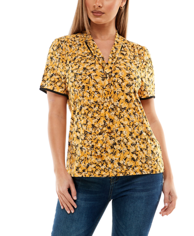 Adrienne Vittadini Women's Short Sleeve V-neck Top With Neck Tie In Mary Ditsy Golden-tone Glow