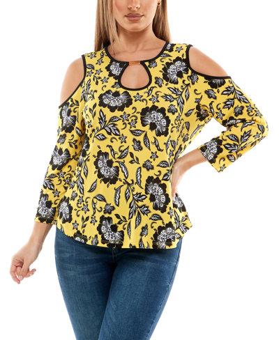 Adrienne Vittadini Women's Cold Shoulder Top With Keyhole In Mumbai Floral Yellow