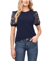 Cece Scattered Ditsy Puff Sleeve Mixed Media Top In Navy J
