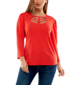 ADRIENNE VITTADINI WOMEN'S 3/4 SLEEVE TOP WITH CAGE NECK AND METAL STUDS