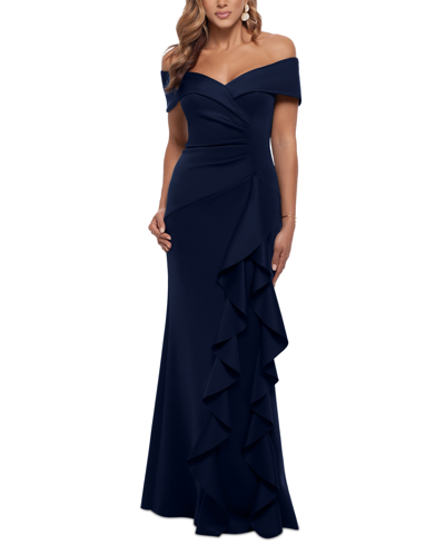 Xscape Ruffled Off-the-shoulder Gown In Midnight