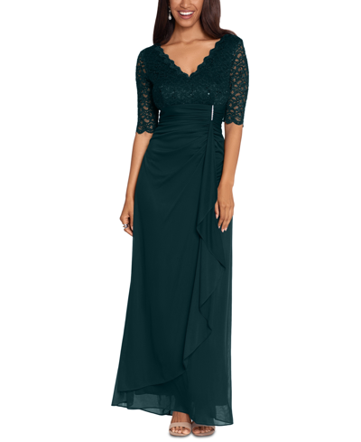 Betsy & Adam Women's Lace-top Waterfall-detail Gown In Pine