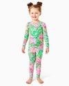 Pajama Set Includes Fitted, Long Sleeve Top With Matching Leggings. Some Colors Are More Vibrant In  Girls Mini Sammy Pajama Set In Seasalt Blue Fruity Flamingo