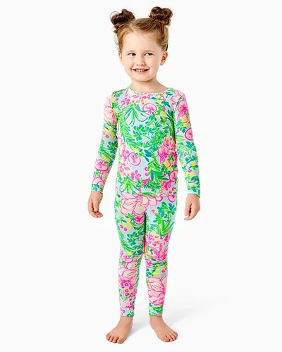 Pajama Set Includes Fitted, Long Sleeve Top With Matching Leggings. Some Colors Are More Vibrant In  Girls Mini Sammy Pajama Set In Seasalt Blue Fruity Flamingo