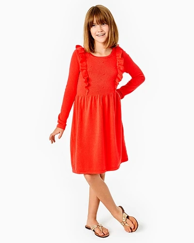 Fit And Flare Sweater Dress With Yarn Baubles On Front Yoke, Ruffle Details, And Long Sleeves. Combe Kids' Girl's Eunice Dress In Red Size X-large - Lilly Pulitzer