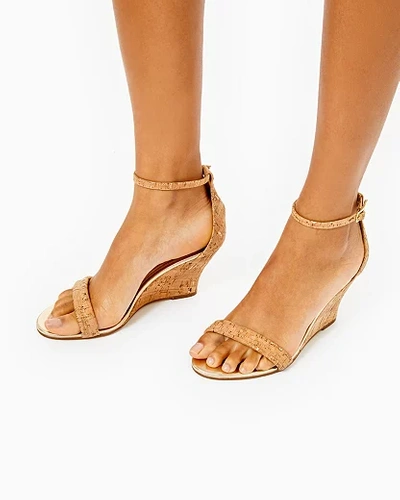 Metallic Flecked Cork Ankle Strap Sandal And Wrapped Heel Wedge. 3" Wedge. Cork And Nappa Perlato Le Jenna Wedge In Natural