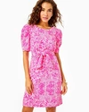 Straight Fit, Crewneck Terry Dress With Separate Sash And Elbow Length Sleeves With Pleat Detail. 37 Harriet Dress In Pinata Pink New Blooms On The Block