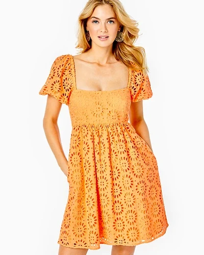 Fit And Flare Babydoll Dress With Puff, Elastic Cuff Sleeves And Smocked Back Panel. 36" From Top Of Kay Babydoll Dress In Orange Size 16, Oversized Pinwheel Eyelet - Lilly Pulitzer
