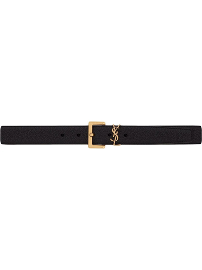 Saint Laurent Golden Ysl Monogram Croc-embossed Leather Belt In Black Gold