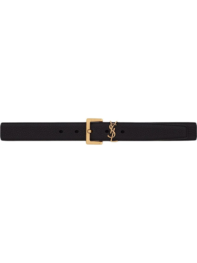 Saint Laurent Golden Ysl Monogram Croc-embossed Leather Belt In Black