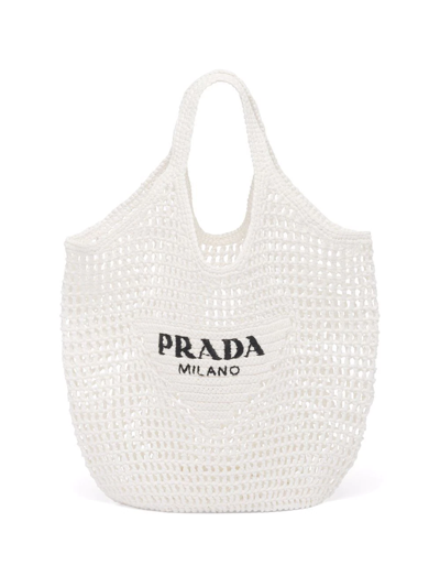 Prada Logo Straw Tote Bag In White