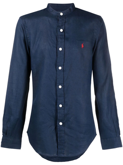 Polo Ralph Lauren Slim Fit Linen Shirt With Mandarin Collar In Navy Blue