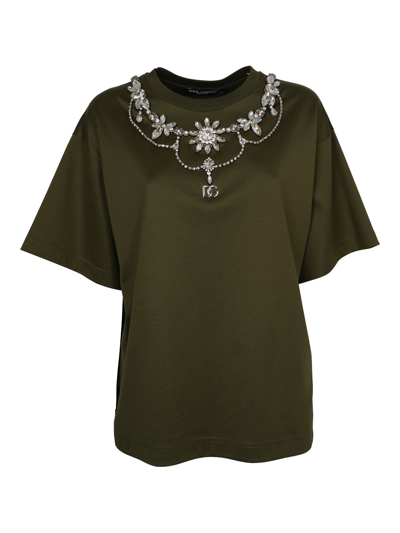Dolce & Gabbana Crystal-embellished Short-sleeved T-shirt In Green