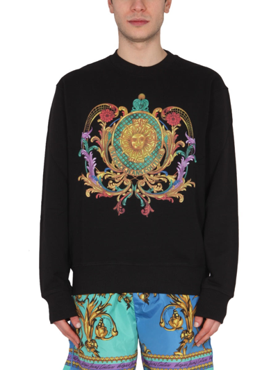 Versace Jeans Couture Printed Sweatshirt With Logo In Black