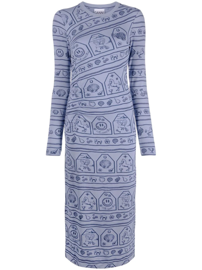 Ganni Zodiac Logo-print Stretch-jersey Dress In Blue