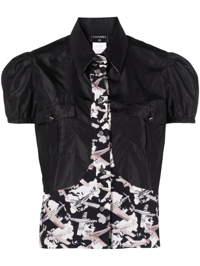Pre-owned Chanel 2006 Airplane-print Panelled Silk Blouse In Black