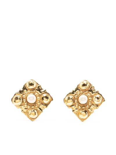 Pre-owned Chanel 1990s Rhombus Pearl-embellished Clip-on Earrings In Gold