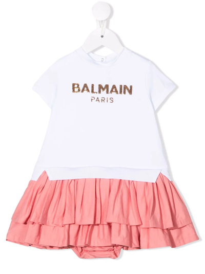 Balmain Babies' Logo亮片装饰连衣裙 In White Pink