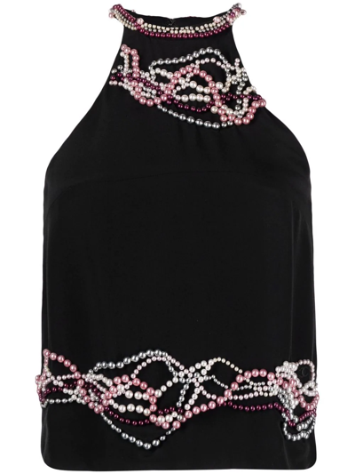 Pre-owned Chanel 2002 Pearl-embellished Halterneck Silk Top In Black