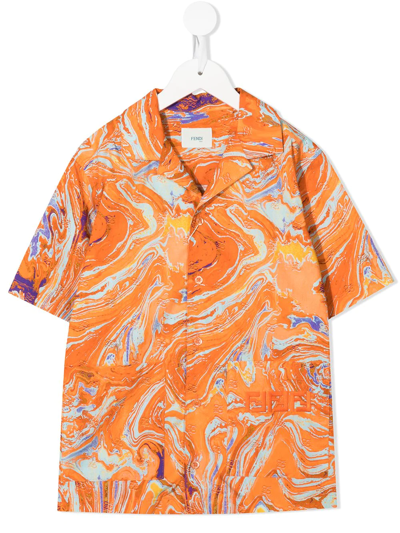 Fendi Kids' Marble-print Short-sleeved Shirt In Orange