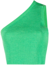 Jacquemus Ascu Cropped Open-back One-shoulder Ribbed Linen-blend Top In Green