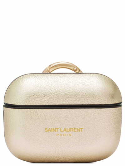 Saint Laurent Airpods Pro Leather Case In Gold