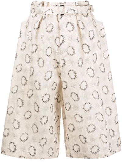 Comme Des Garçons Tao Floral-print Belted Shorts In Braun