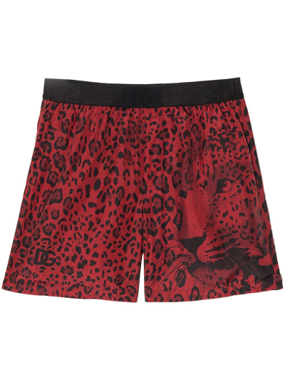Dolce & Gabbana Kids' Leopard Print Nylon Swim Shorts In Red