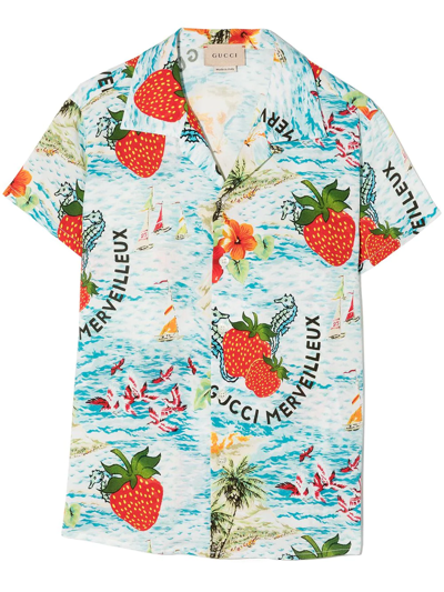 Gucci Kids' Strawberry Smoothie-print Shirt In Multi
