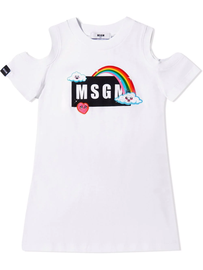 Msgm Kids' Logo-print Cold-shoulder T-shirt Dress In White